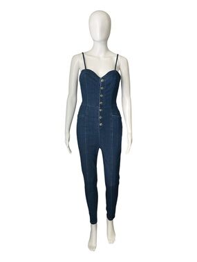 iris Dark Blue Denim Button-Front Jumpsuit